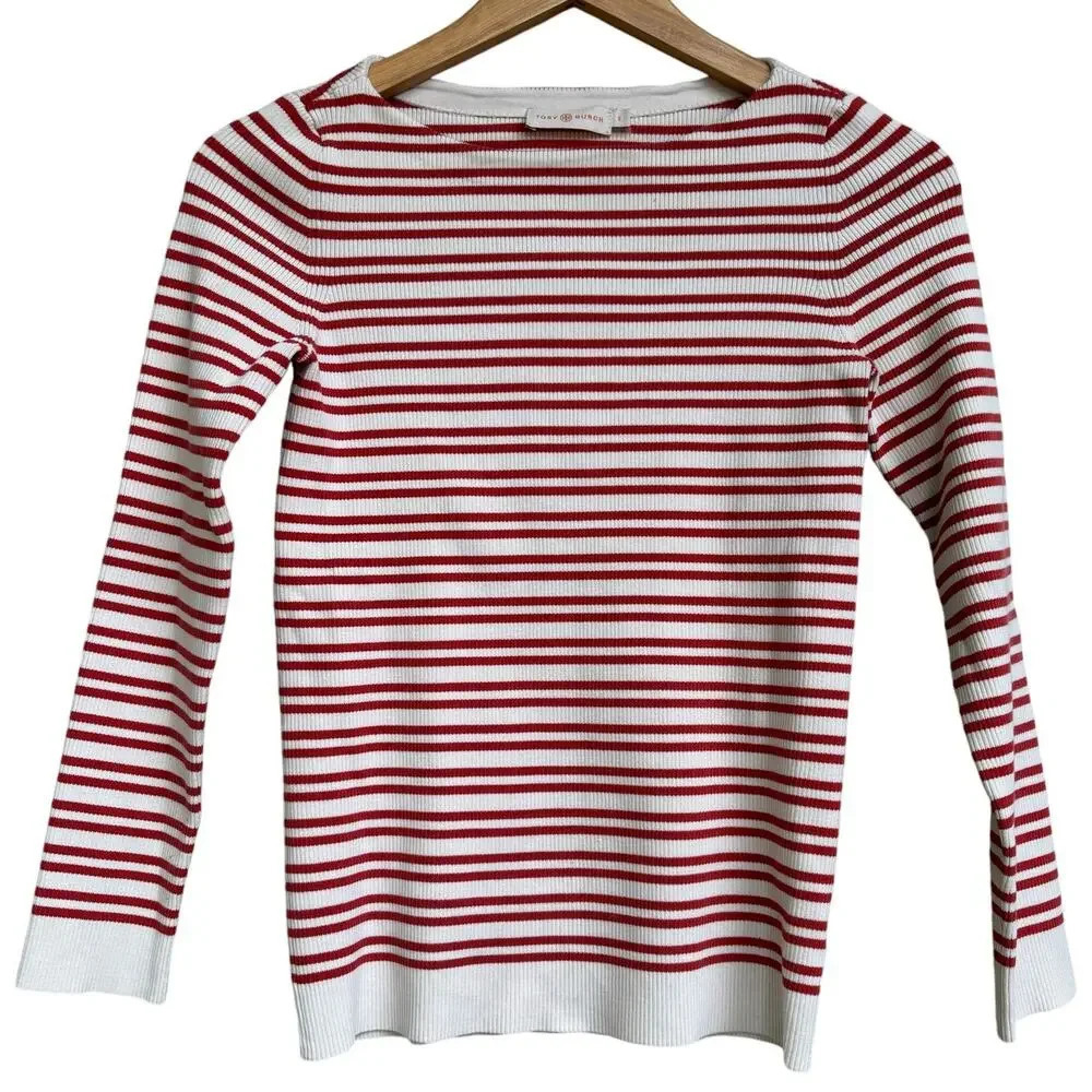 Tory Burch Ribbed Knit Striped Top Size S Cream color with Burnt Orange Stripes - Picture 1 of 6